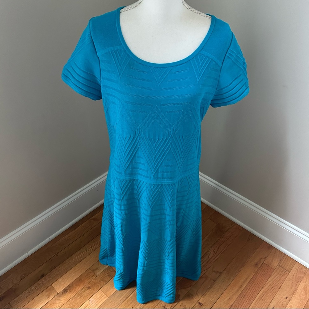 Talbots Womans Plus Size 1X Aqua Blue Short Sleeve Strech Knit Textured Dress